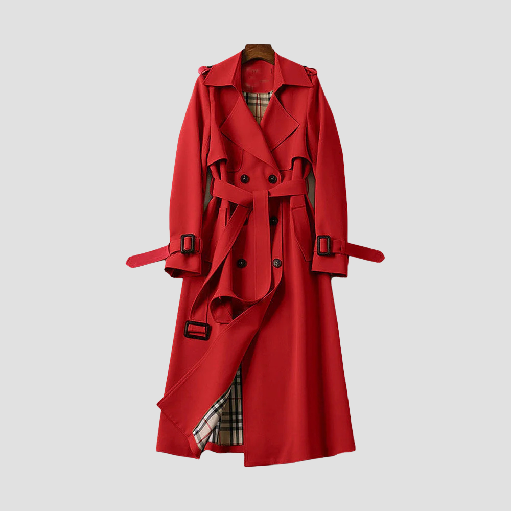 Women's Long Trench Coat with Double Button Placket