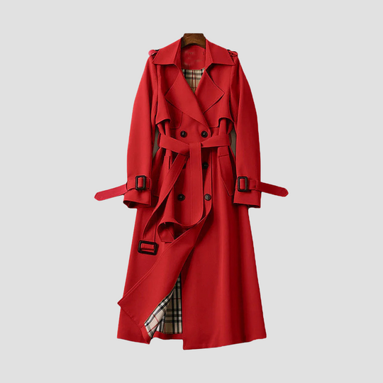 Women's Long Trench Coat with Double Button Placket