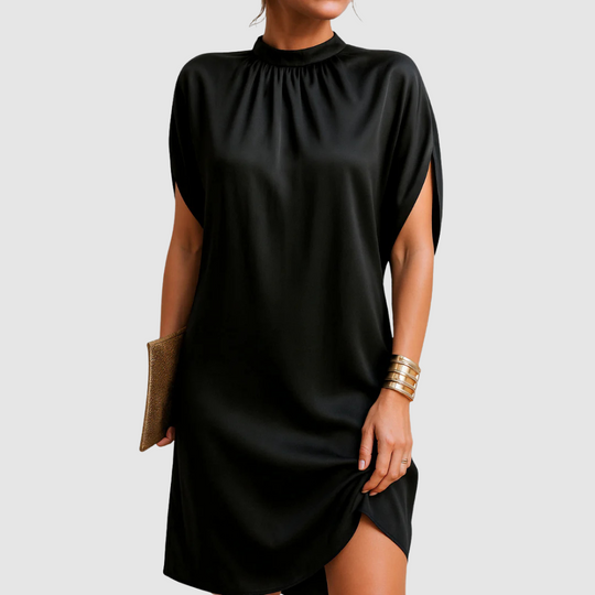 Mock Neck Cape Sleeve Mini Dress in Black