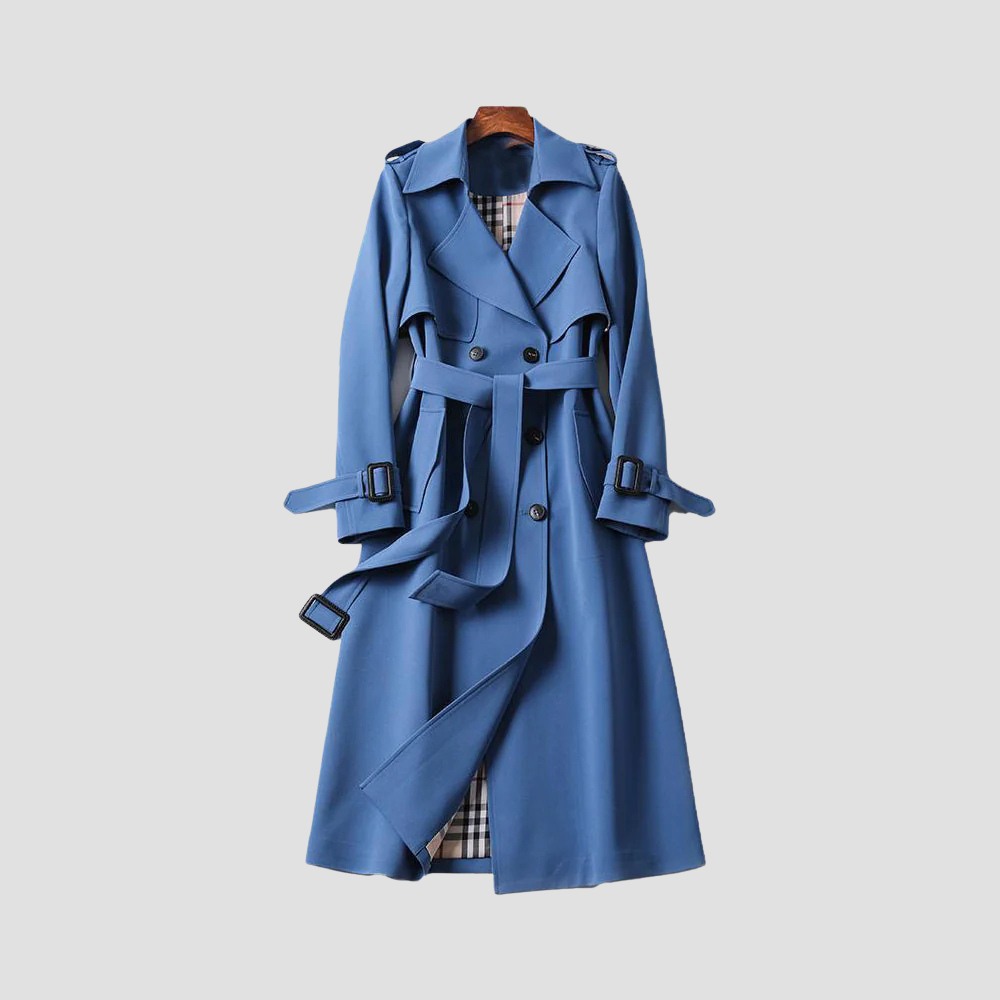 Women's Long Trench Coat with Double Button Placket