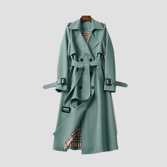 Women's Long Trench Coat with Double Button Placket