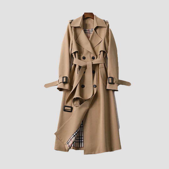 Women's Long Trench Coat with Double Button Placket