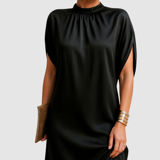 Mock Neck Cape Sleeve Mini Dress in Black