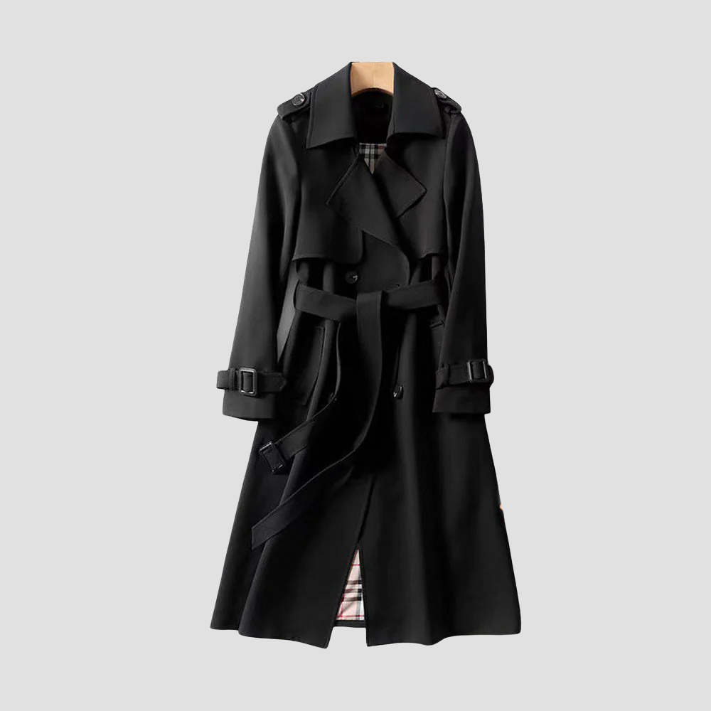 Women's Long Trench Coat with Double Button Placket