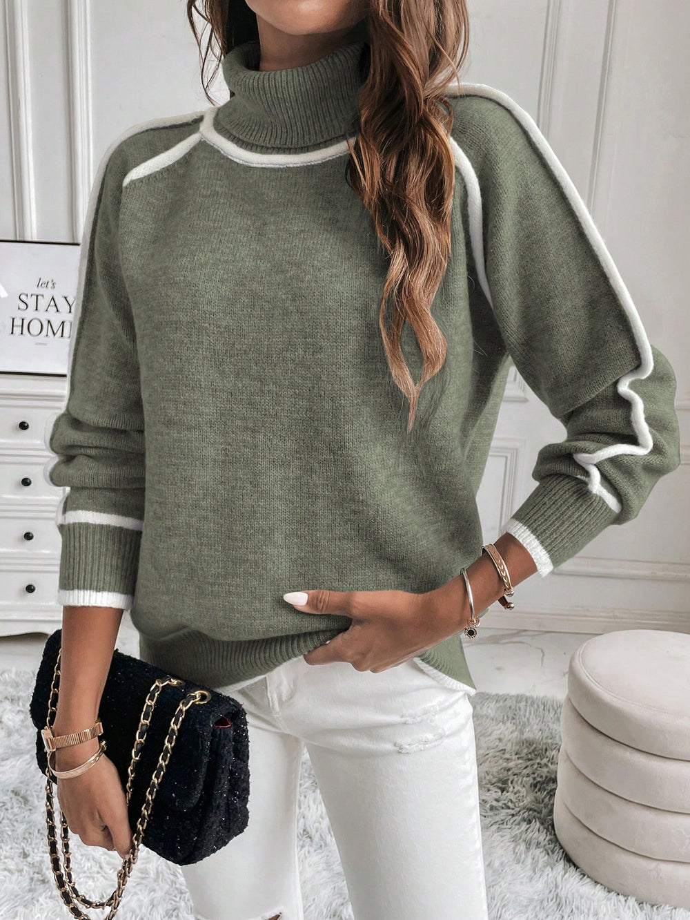 Women's High Neck Long Sleeve Sweater with Contrasting Detail