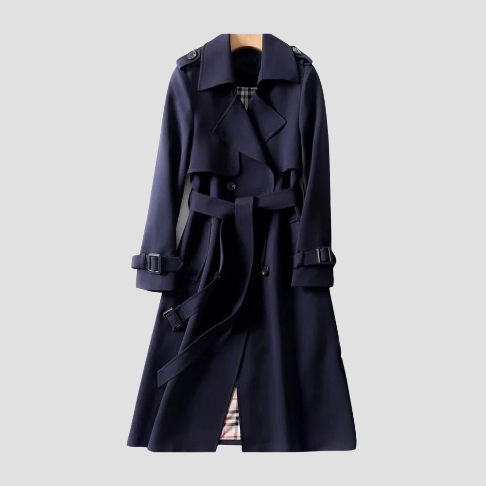 Women's Long Trench Coat with Double Button Placket