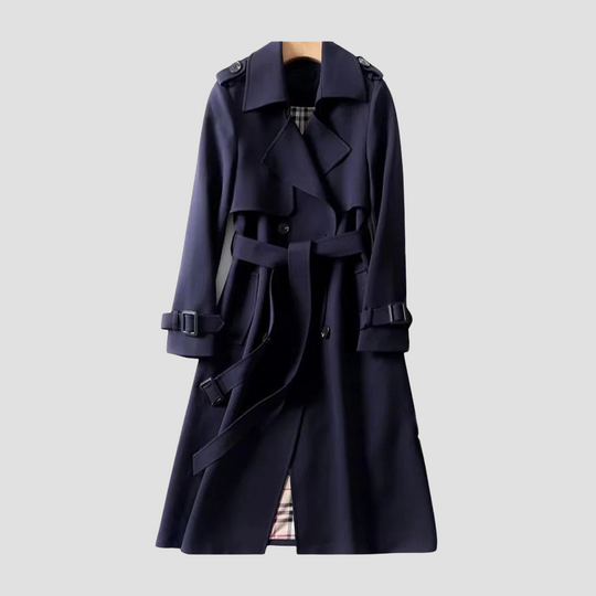 Women's Long Trench Coat with Double Button Placket