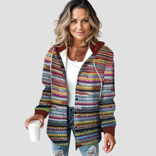 Women’s Multicolor Striped Hooded Button Jacket