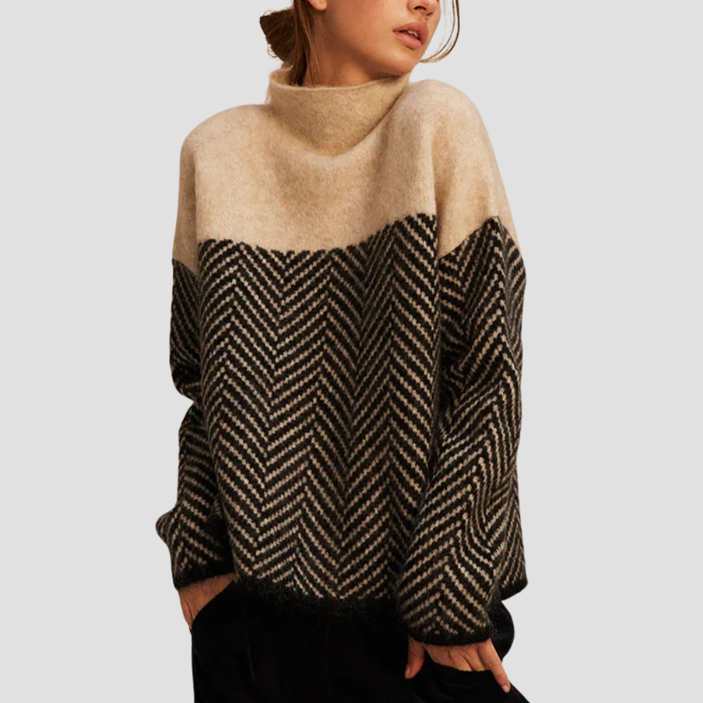 Women's Herringbone Knit Sweater with Two-Tone Pattern
