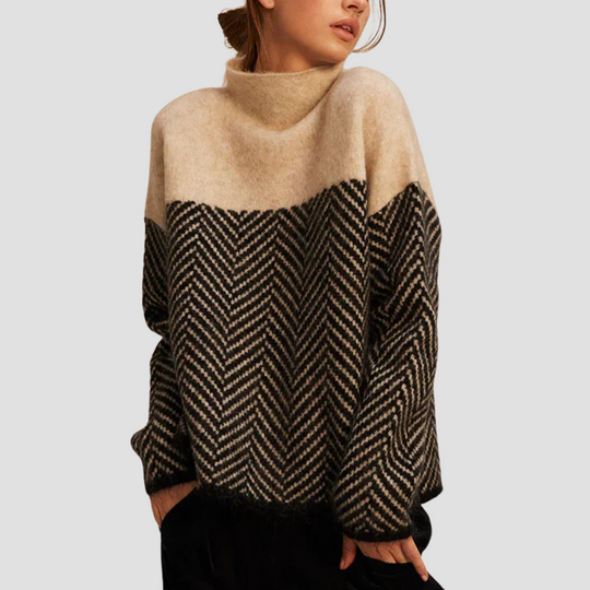 Women's Herringbone Knit Sweater with Two-Tone Pattern