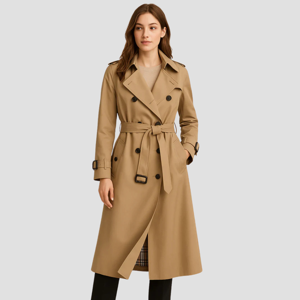 Women's Long Trench Coat with Double Button Placket