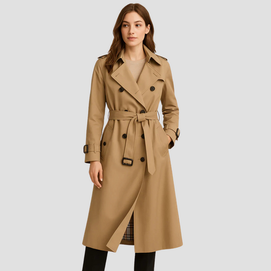 Women's Long Trench Coat with Double Button Placket