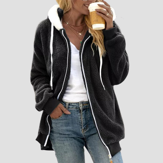 Fuzzy Fleece Zip-Up Hoodie for Women - Drawstring Hood