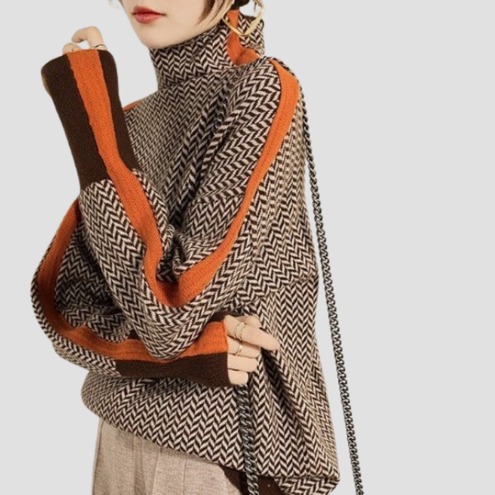 Women’s Turtleneck Sweater - Herringbone Knit with Contrast Sleeve Stripes