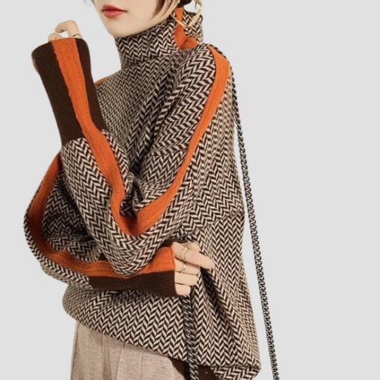 Women’s Turtleneck Sweater - Herringbone Knit with Contrast Sleeve Stripes