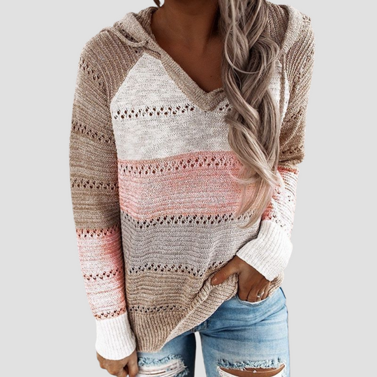 Striped Knit Hoodie Sweater - Colour Block Long Sleeve for Women