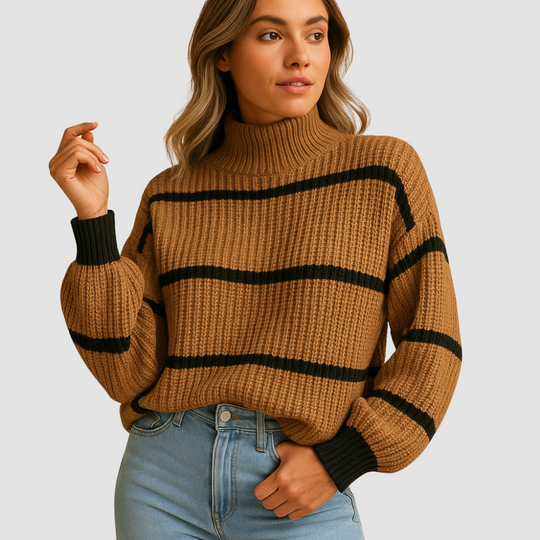 Striped high neck knit sweater for women