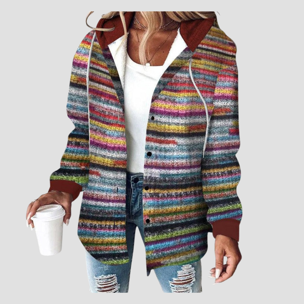 Women’s Multicolor Striped Hooded Button Jacket