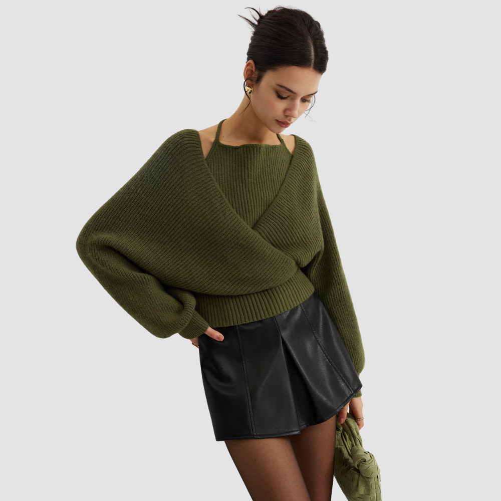 2 in 1 Bat Sleeve Halter Knit Top