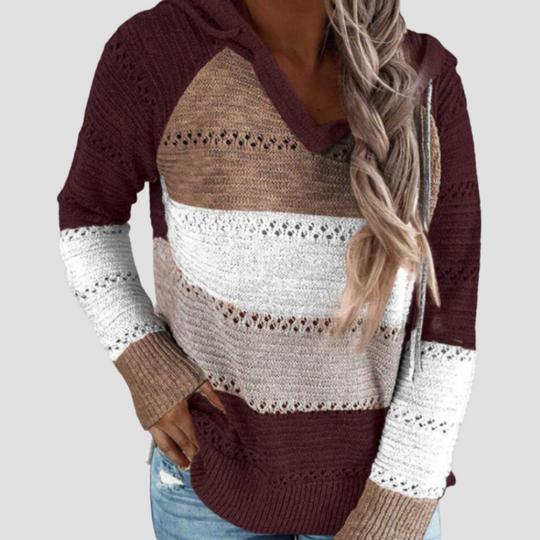 Striped Knit Hoodie Sweater - Colour Block Long Sleeve for Women
