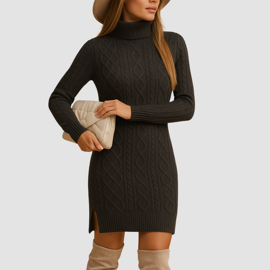 Chunky knit turtleneck sweater dress for women