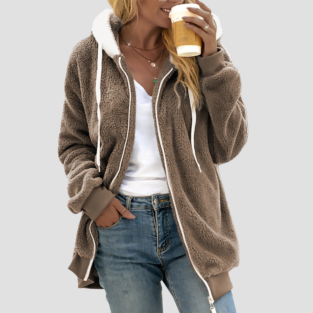 Fuzzy Fleece Zip-Up Hoodie for Women - Drawstring Hood