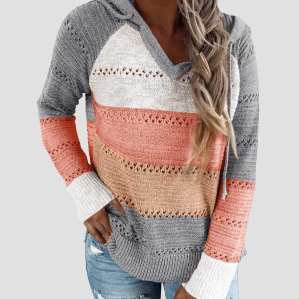 Striped Knit Hoodie Sweater - Colour Block Long Sleeve for Women