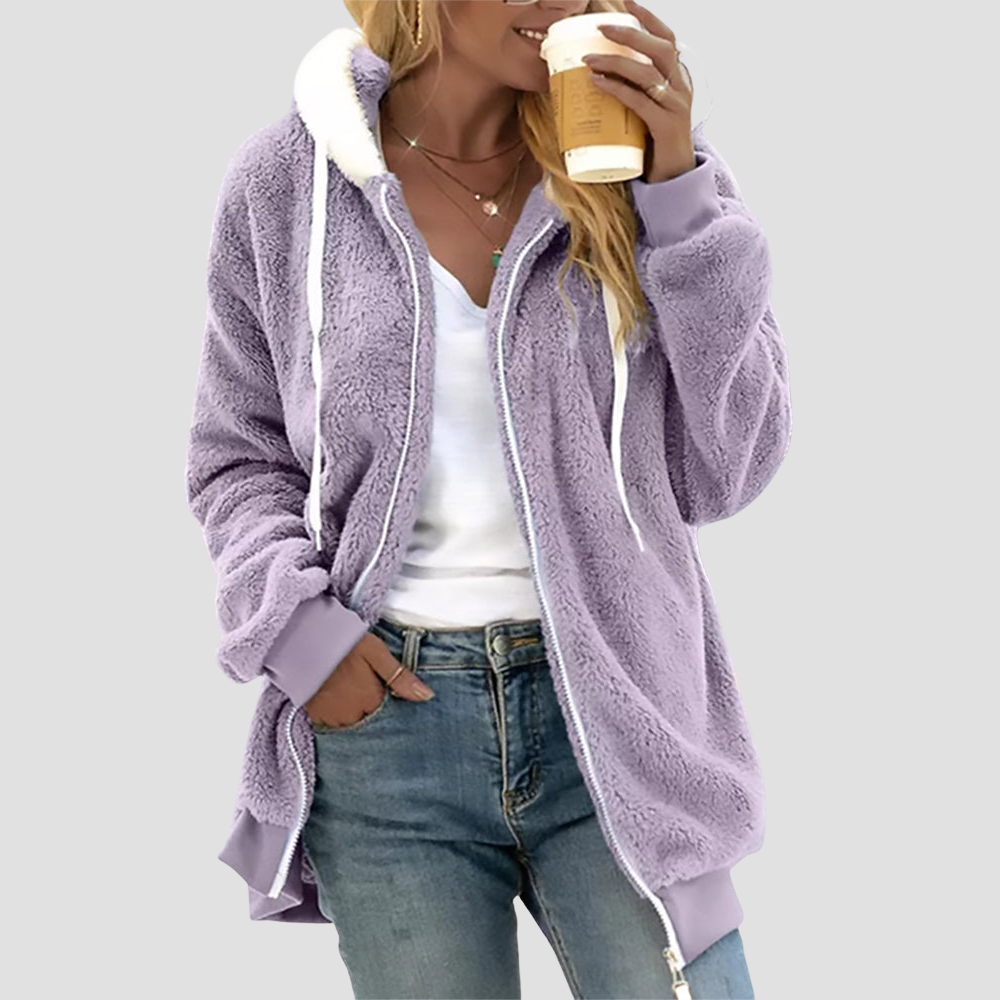 Fuzzy Fleece Zip-Up Hoodie for Women - Drawstring Hood
