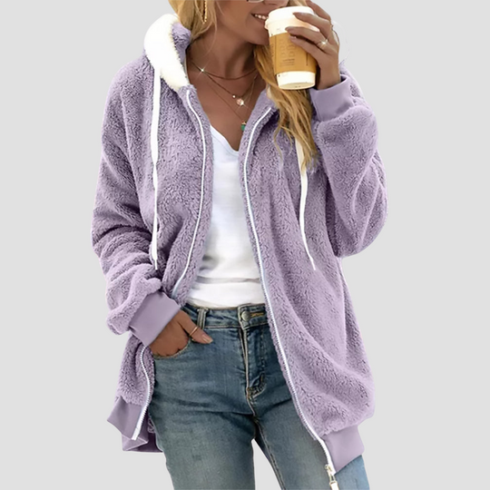 Fuzzy Fleece Zip-Up Hoodie for Women - Drawstring Hood