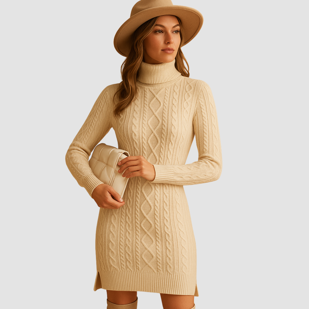 Chunky knit turtleneck sweater dress for women