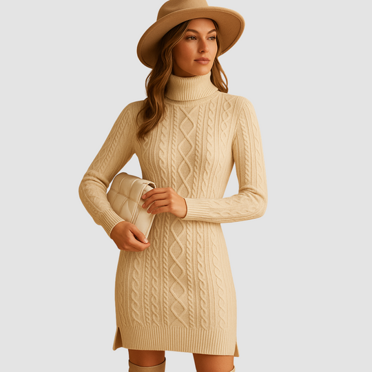 Chunky knit turtleneck sweater dress for women