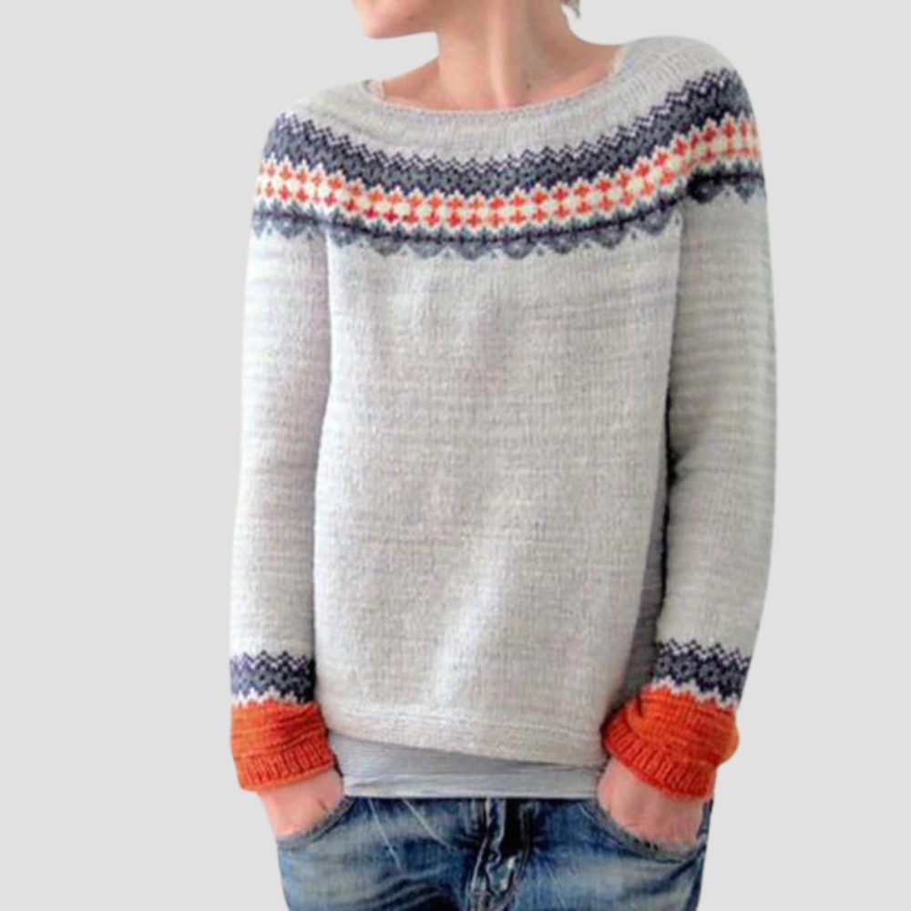 Patterned Knit Sweater for Women with Crew Neckline