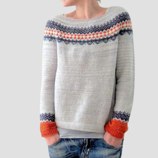 Patterned Knit Sweater for Women with Crew Neckline
