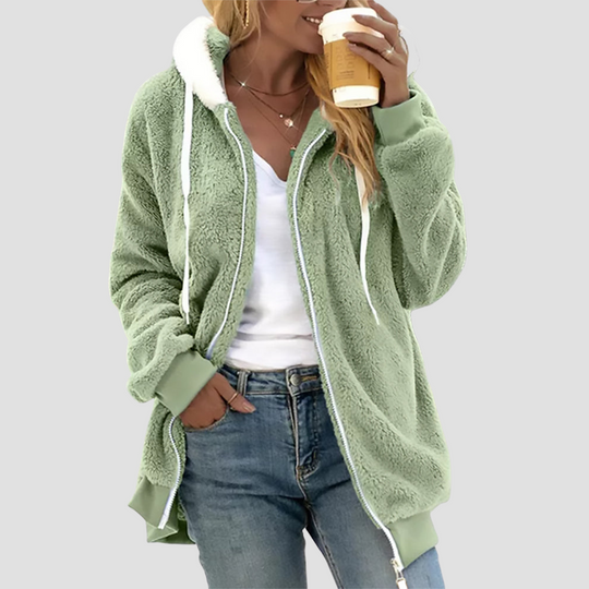 Fuzzy Fleece Zip-Up Hoodie for Women - Drawstring Hood