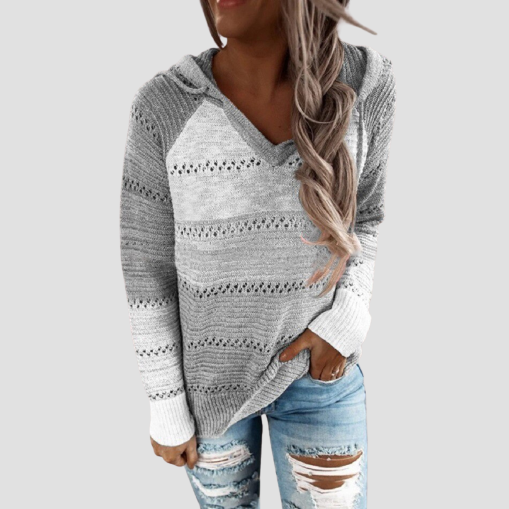 Striped Knit Hoodie Sweater - Colour Block Long Sleeve for Women