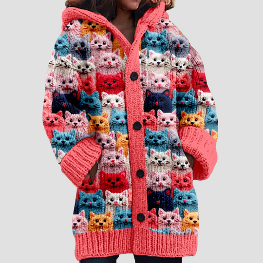 Women's Hooded Cardigan with Colorful Cat Print