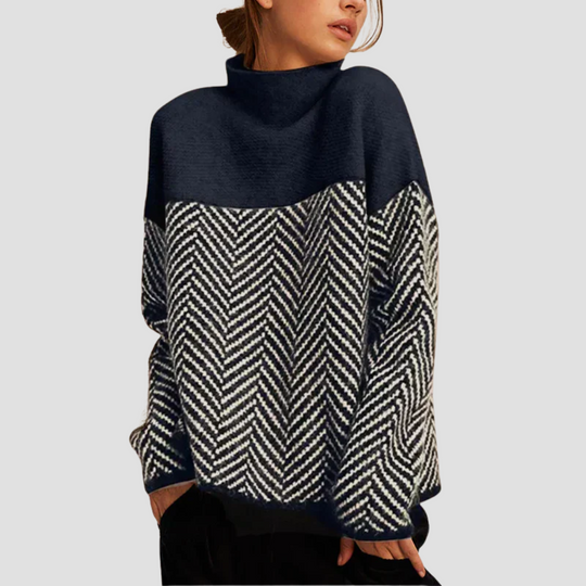 Women's Herringbone Knit Sweater with Two-Tone Pattern