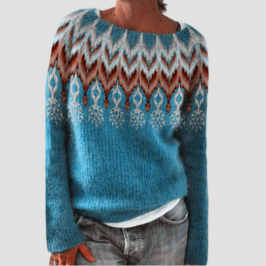 Patterned Knit Sweater for Women with Crew Neckline