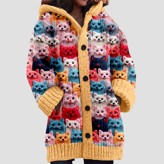 Women's Hooded Cardigan with Colorful Cat Print