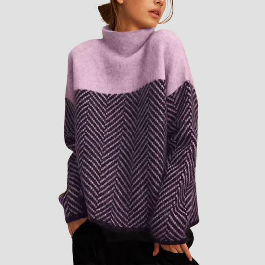 Women's Herringbone Knit Sweater with Two-Tone Pattern