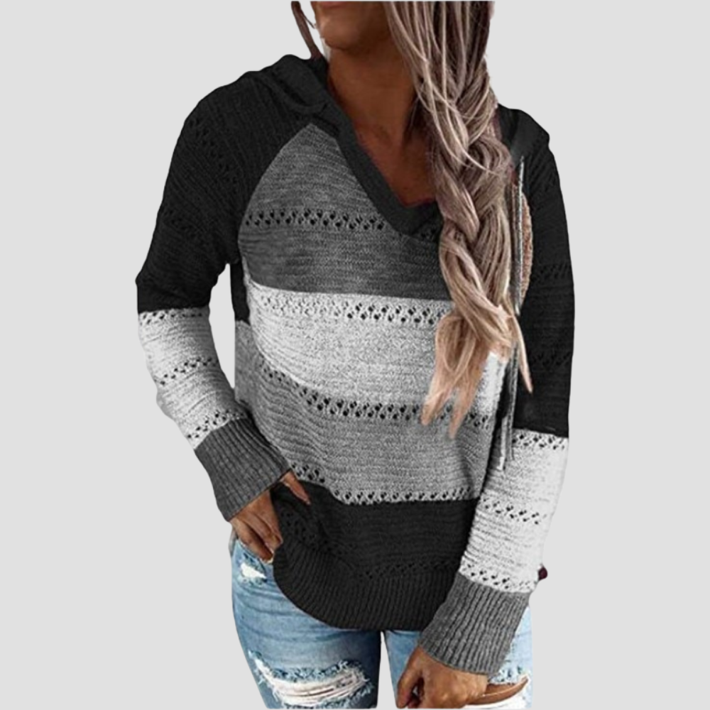 Striped Knit Hoodie Sweater - Colour Block Long Sleeve for Women