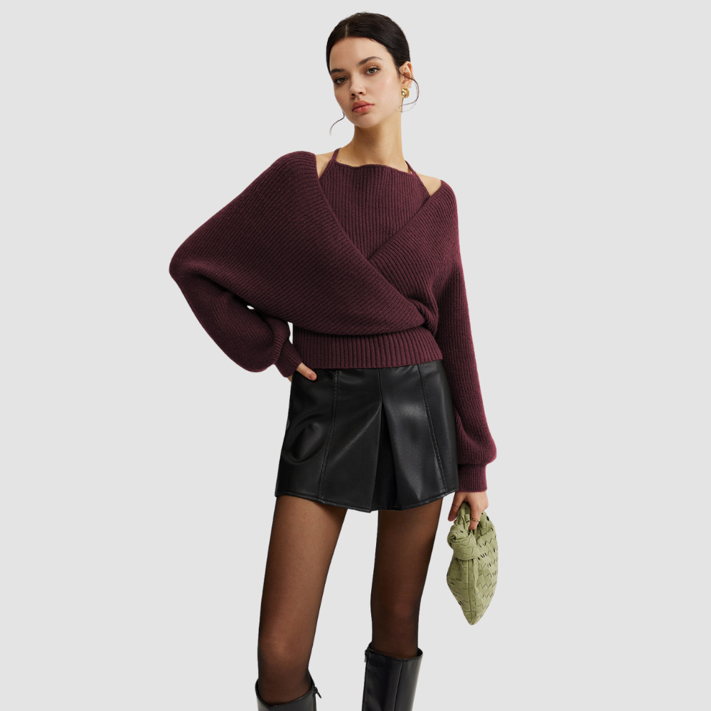 2 in 1 Bat Sleeve Halter Knit Top