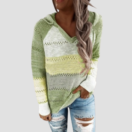 Striped Knit Hoodie Sweater - Colour Block Long Sleeve for Women