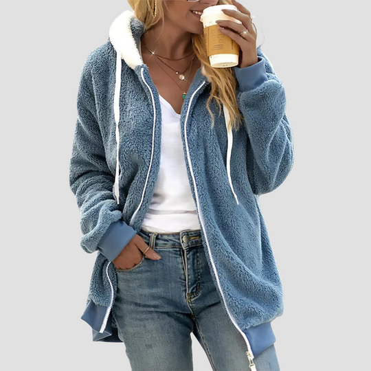 Fuzzy Fleece Zip-Up Hoodie for Women - Drawstring Hood