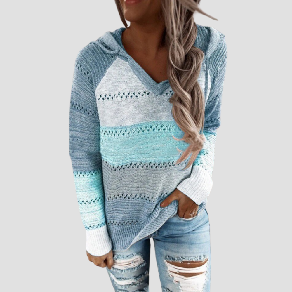 Striped Knit Hoodie Sweater - Colour Block Long Sleeve for Women