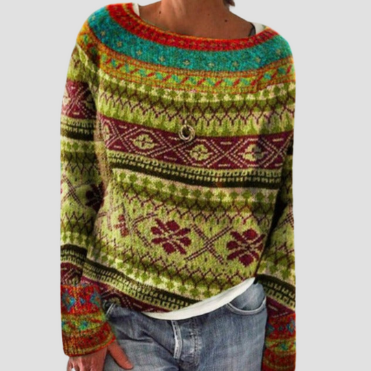 Patterned Knit Sweater for Women with Crew Neckline