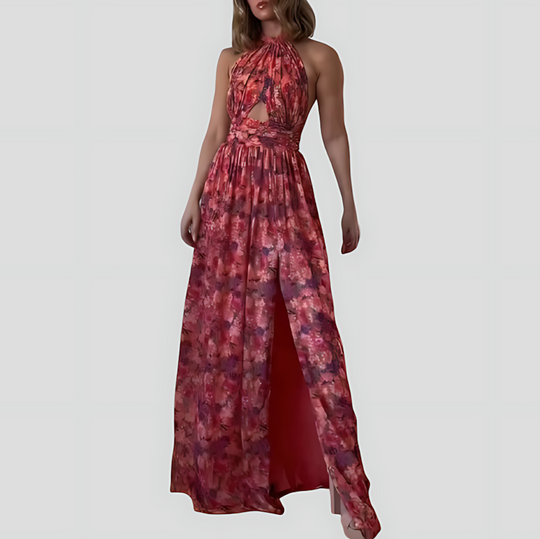 Boho Floral Halter Cut-Out Maxi Dress