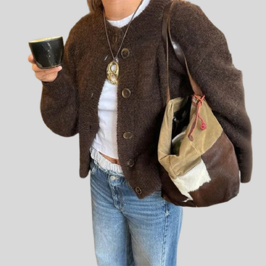 Button-Up Knit Cardigan in Brown