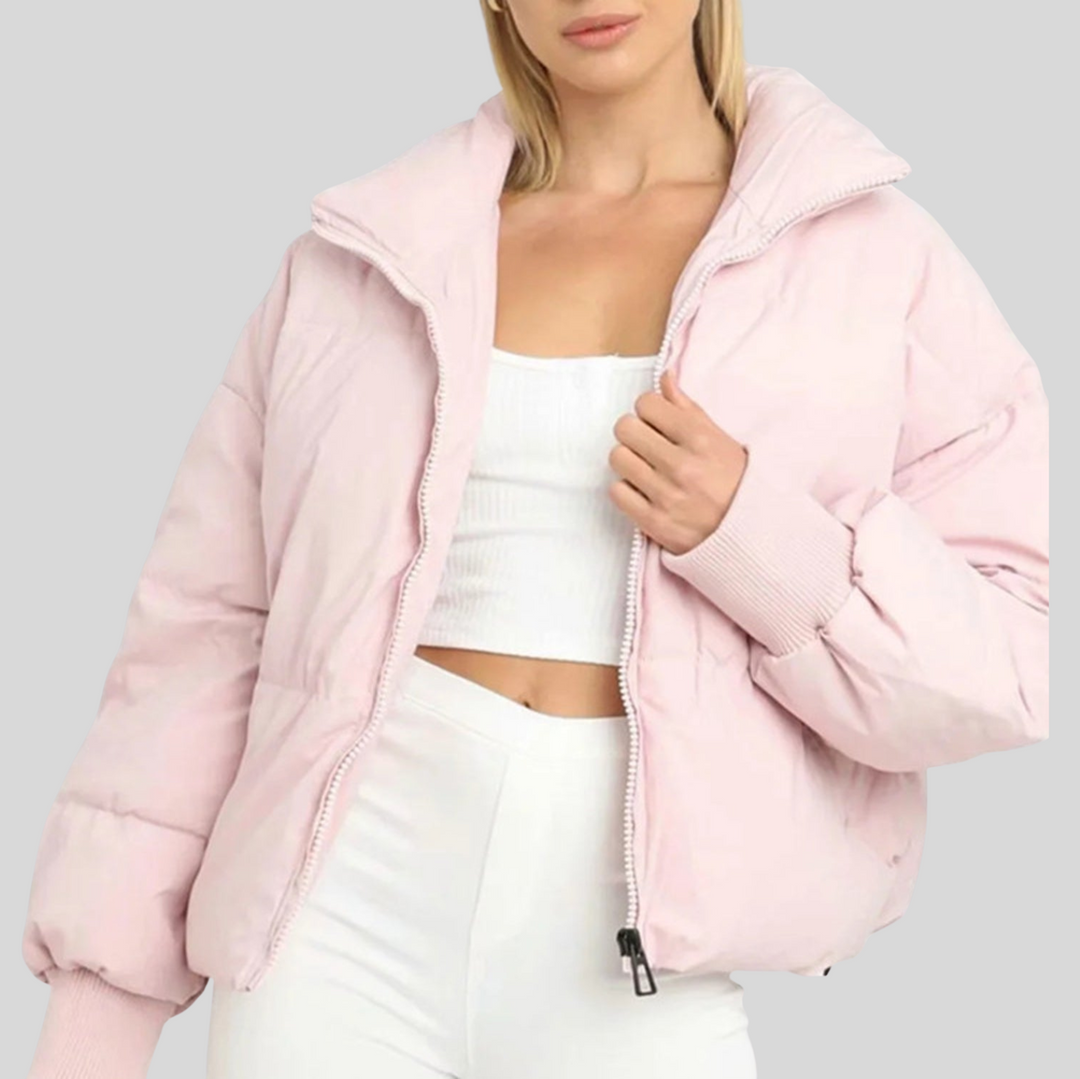 Women's Cropped Puffer Winter Jacket with Ribbed Cuffs