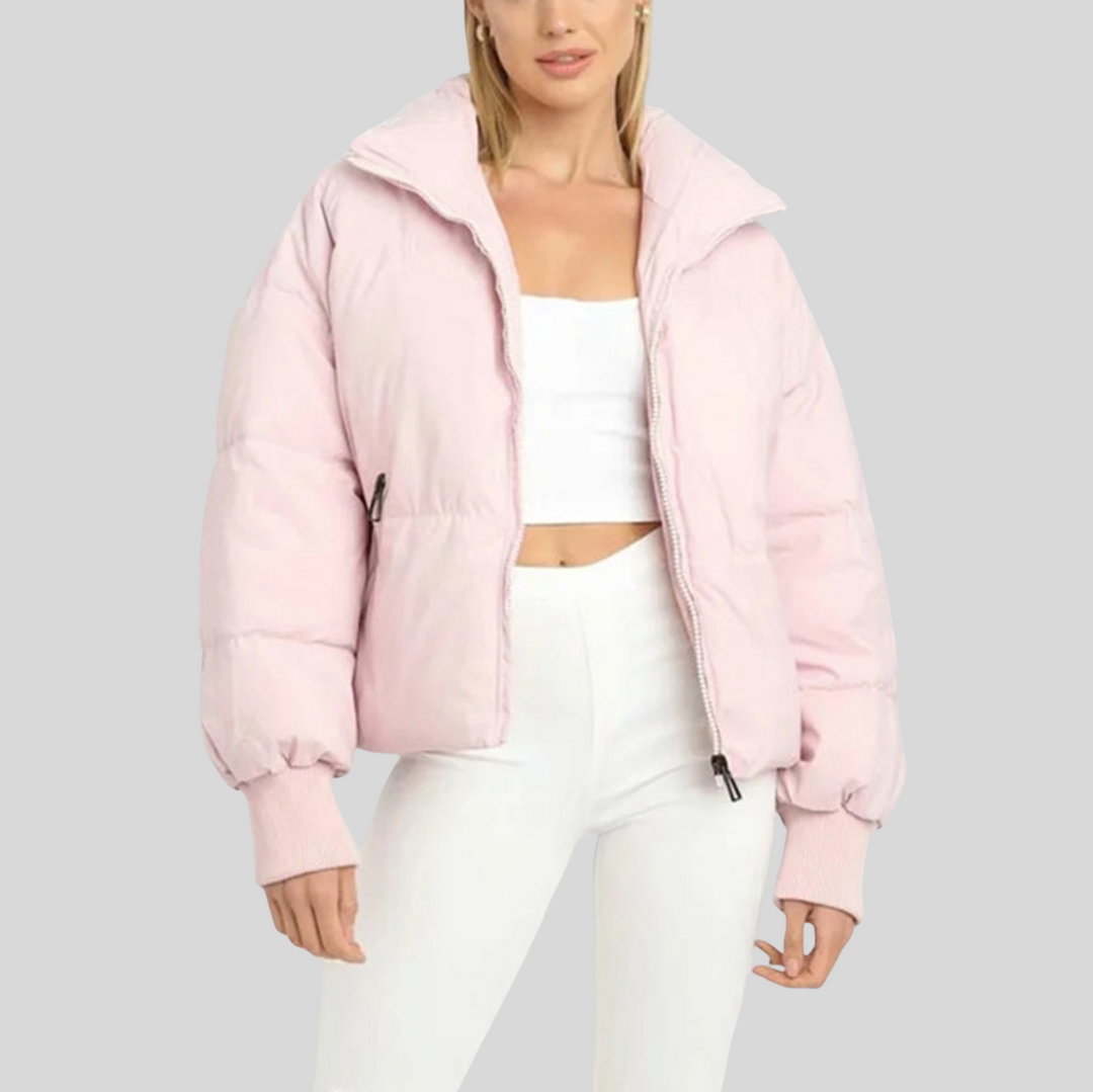 Women's Cropped Puffer Winter Jacket with Ribbed Cuffs